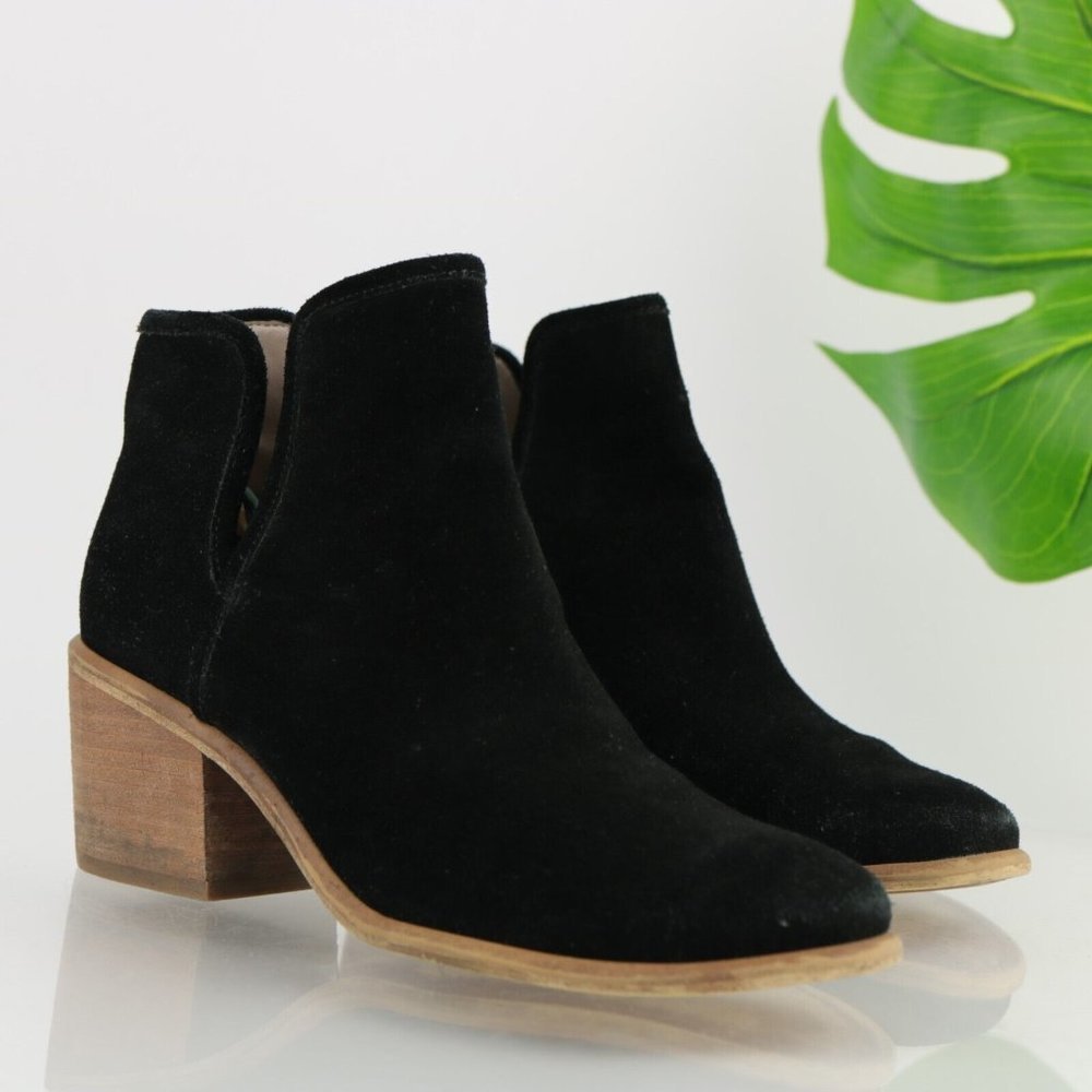 hinge Black Suede Ankle Booties with Wood Block Heel
